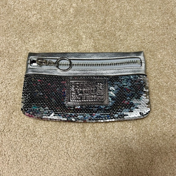 Coach silver leather and sequin zipper clutch new without tags - Picture 1 of 2